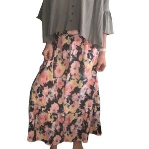 Loft Watercolor Floral Maxi Skirt Sz M Ruffled Tiered Hem Romantic Feminine